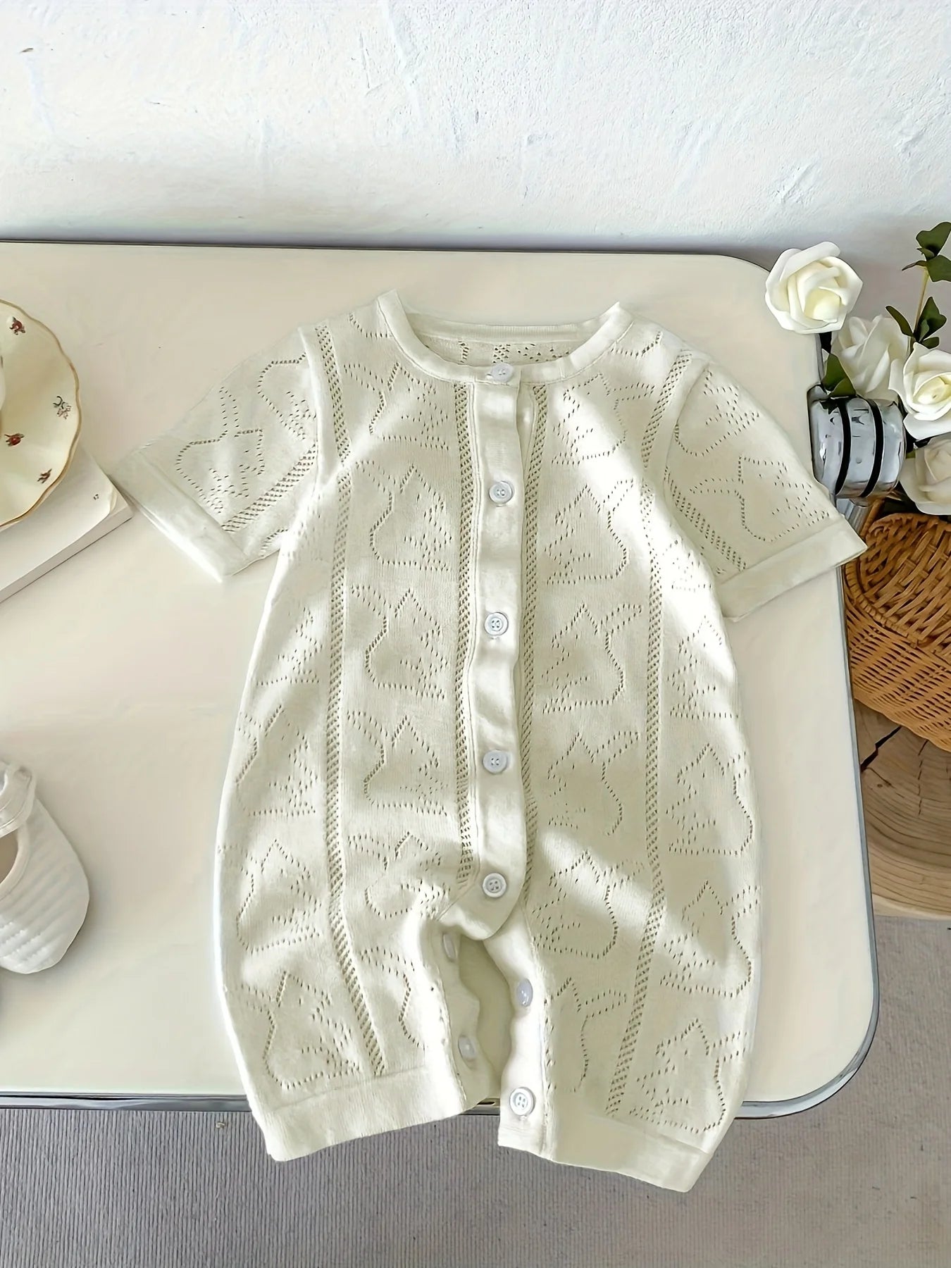 Spring and Autum Korean Style New Girls' Heart Long-Sleeved Jumpsuit Newborn Single-Breasted Cover-Up Crawling Suit Jumpsuit