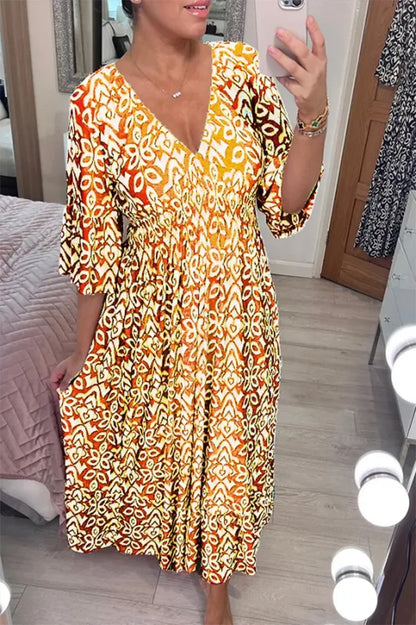 Sexy V Neck Half Sleeve Butterfly Floral Print Maxi Long Dress Summer Female Tunic Elastic Waist Loose Holiday Party Dresses