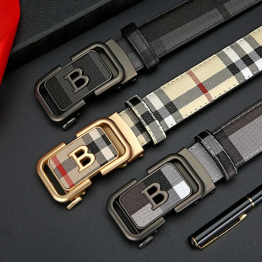 Trendy Plaid B Letter Automatic Buckle Belt for Men Premium Quality Fashionable Business Style Versatile Home Use