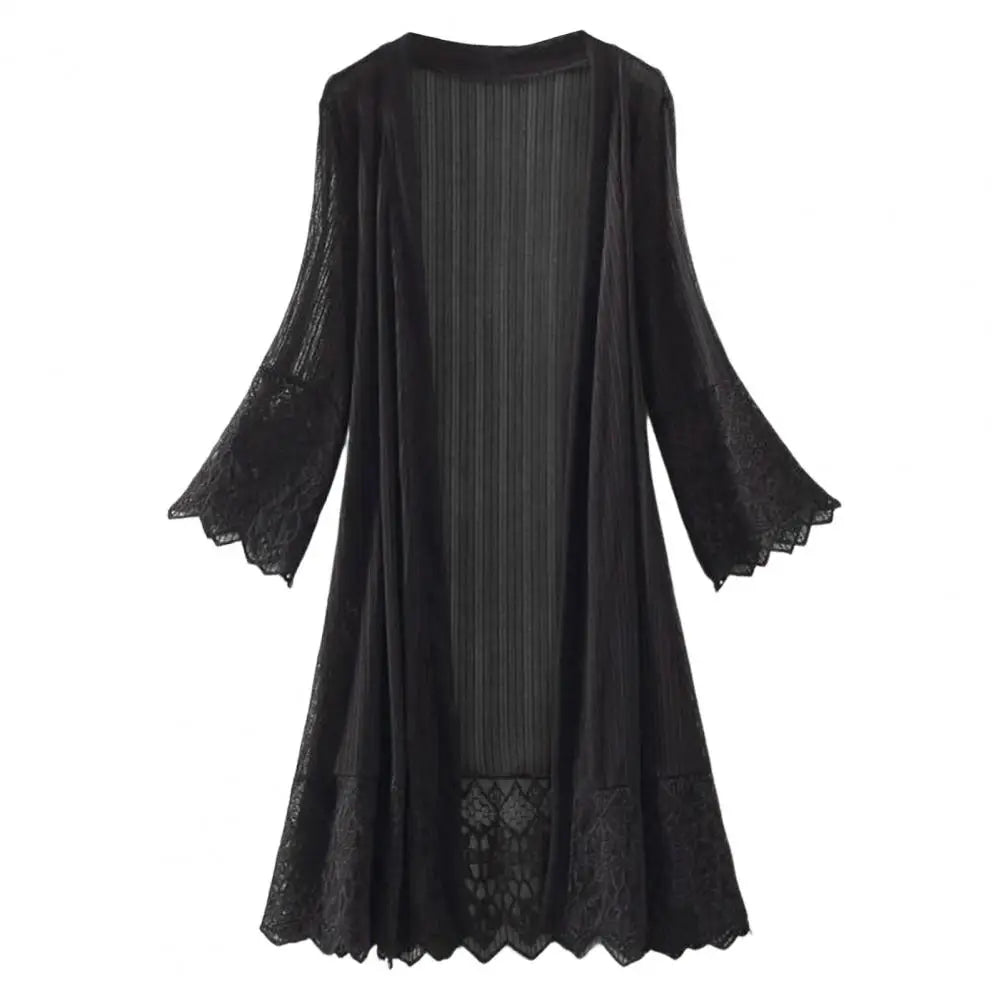 Summer Cardigan Mid Long See-through Lace Open Front Sheer Sun Protection Crochet Cardigan Beach Cover Up Streetwear