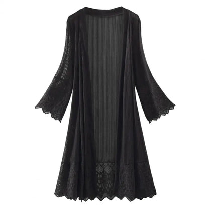 Summer Cardigan Mid Long See-through Lace Open Front Sheer Sun Protection Crochet Cardigan Beach Cover Up Streetwear