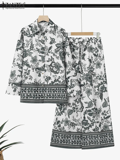 ZANZEA Vintage Women Two-piece Outfits 2025 Fashion Pant Sets Casual Loose Long Sleeve Shirts Elastic Waist Pants Autumn 2PCS