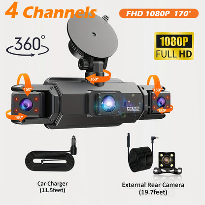 Dash Cam 4 Channel Driving Camera 1080P Front Left Right Rear Night Vision Loop Recording 24H Parking Monitor Auto parts
