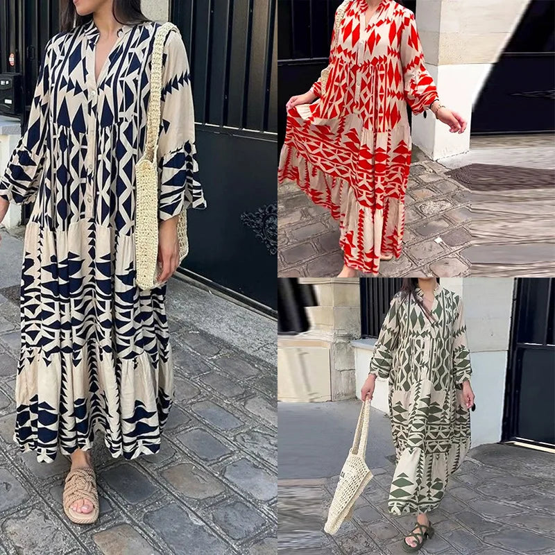 Women Print Long Sleeve Dress V-neck Long Sleeve High Waist Single Breasted Long Skirt New Holiday Loose Casual Women's Clothes