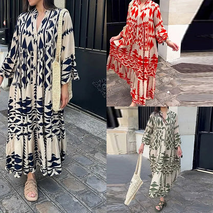 Women Print Long Sleeve Dress V-neck Long Sleeve High Waist Single Breasted Long Skirt New Holiday Loose Casual Women's Clothes