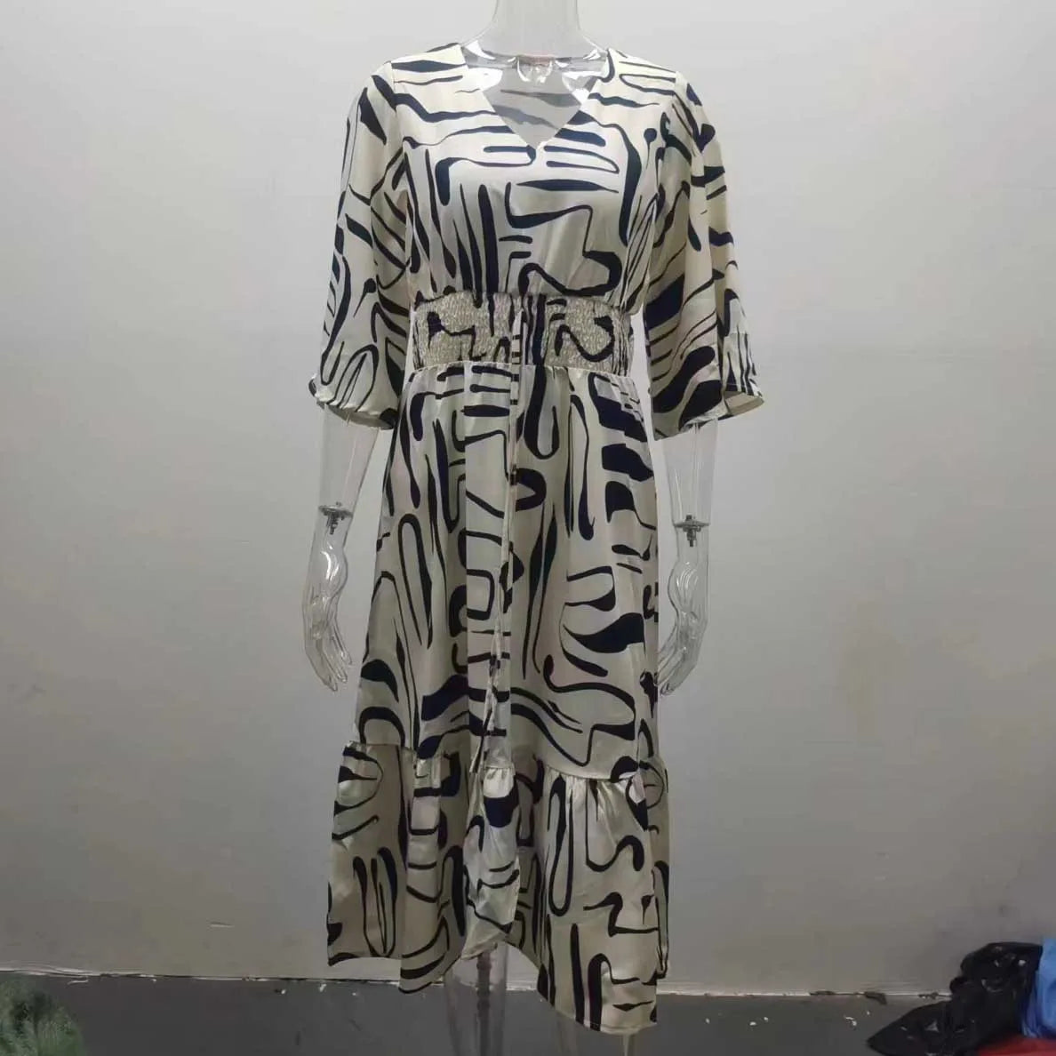Boho Spring Summer Cotton Long Dress Printed Elegant Women Dresses Elastic Waist Vestidos Female Casual Half Sleeve A-line Dress