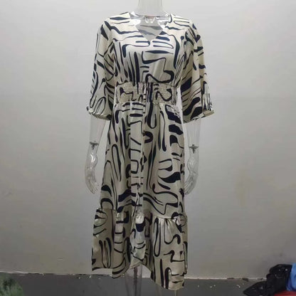 Boho Spring Summer Cotton Long Dress Printed Elegant Women Dresses Elastic Waist Vestidos Female Casual Half Sleeve A-line Dress