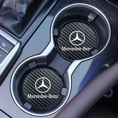 2Pcs Car Emblem Cup Trough Mat Carbon Fiber Leather Cup Pad For Mercedes Benz AMG W177 W176 X166 X167 C257 C218 X253 C118 C117