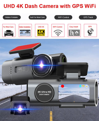 Dash Cam 4K UHD Recording Car Camera DVR Night Vision Video Recorder Built-In Wi-Fi Support Dual Lens GPS 24H Parking