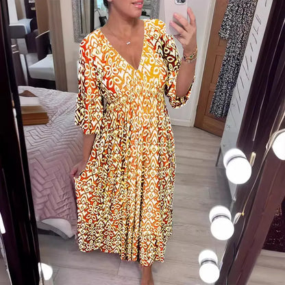 Sexy V Neck Half Sleeve Butterfly Floral Print Maxi Long Dress Summer Female Tunic Elastic Waist Loose Holiday Party Dresses