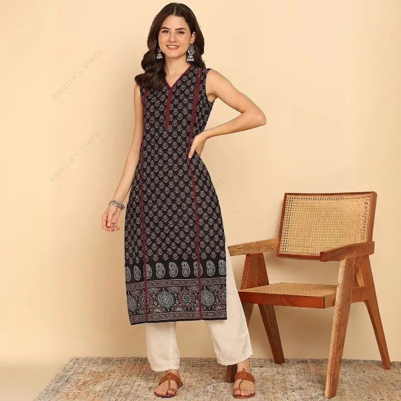 Indian Ethnic Style Women's Black Green Cotton Kurta Tunic Top Sleeveless Paisley Print Summer Wear Casual Kurti Dress