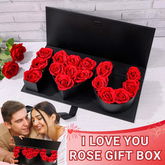 16Pcs Forever Rose I Love You Box Eternal Rose Preserved Flowers for Valentine's Day Birthday Gifts for Her Silk Simulated Roses