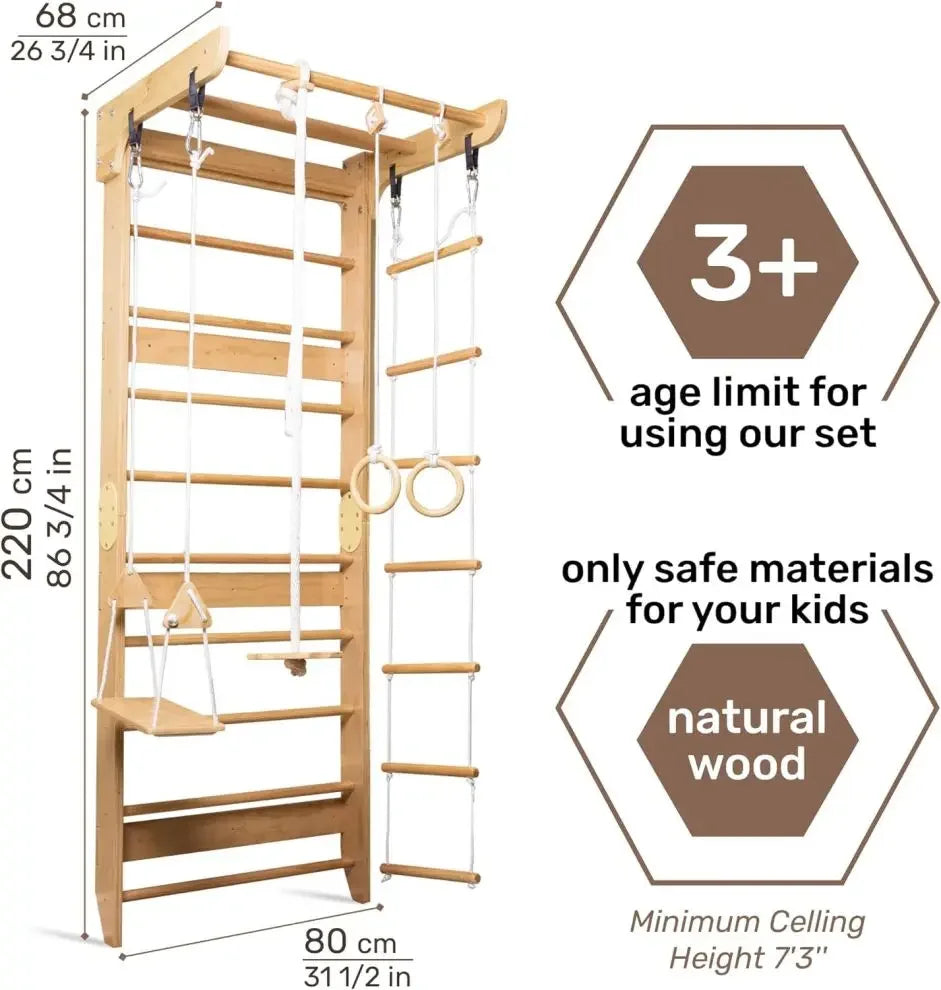 WoodVille Swedish Wall Climbing Frame - Multifunctional Kids Gym Set with Rock Wall & Rope Ladder (Ages 3-12,EN71/ASTM Certified