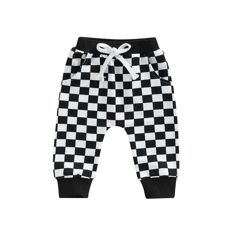 Toddler Casual Pants Baby Girl Boy Clothes Spring Autumn Fashion Checkerboard Printed Tie-up Mid-waist Trousers with Pockets