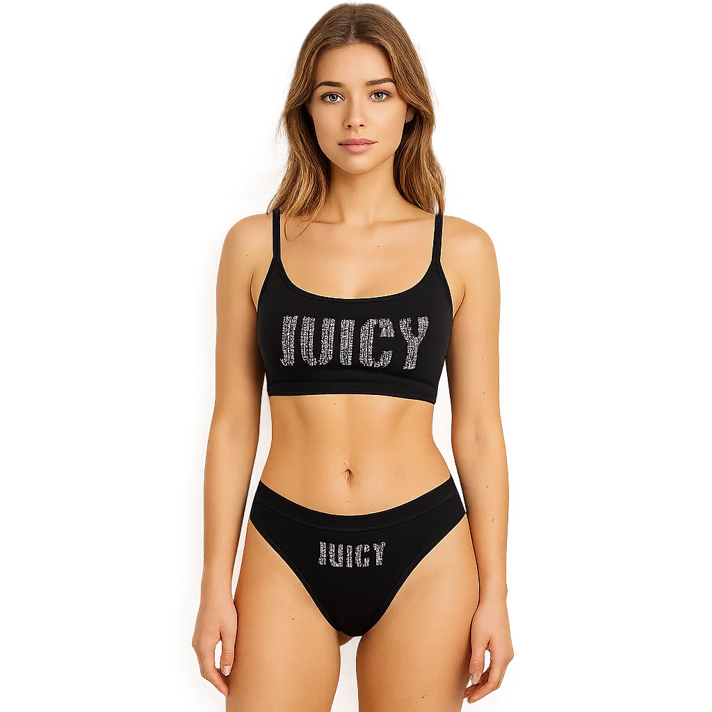 Sexy Women's Underwear Juicy Couture Style Bras and Panties Set Strap Top Embellished Rhinestones Elastic Lingerie for Ladies