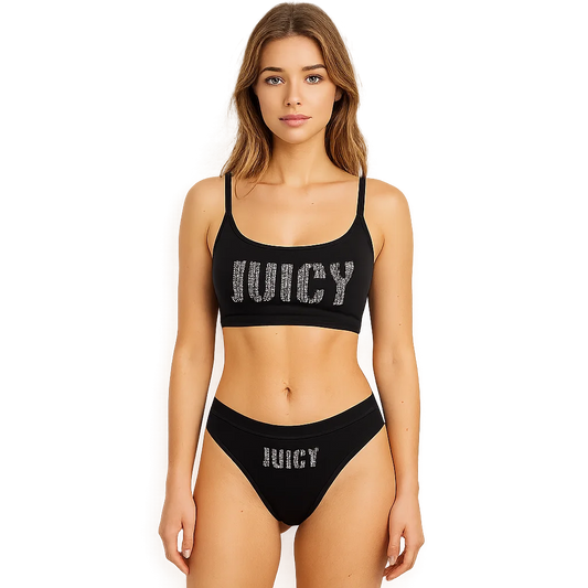 Sexy Women's Underwear Juicy Couture Style Bras and Panties Set Strap Top Embellished Rhinestones Elastic Lingerie for Ladies