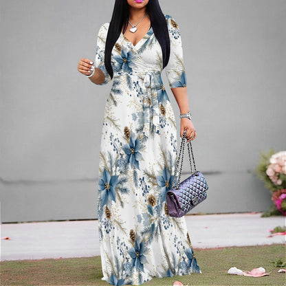 Dresses for Women Floral Print Maxi Dress Flowy 3/4 Sleeve with Belt