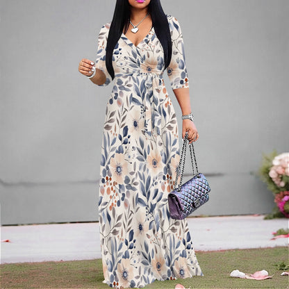 Dresses for Women Floral Print Maxi Dress Flowy 3/4 Sleeve with Belt