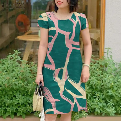 ZANZEA Summer Short Sleeve Dress Women Knee-length O Neck Casual 2024 OL Work Printing Party Vestidos Holiday Elegant Sundress