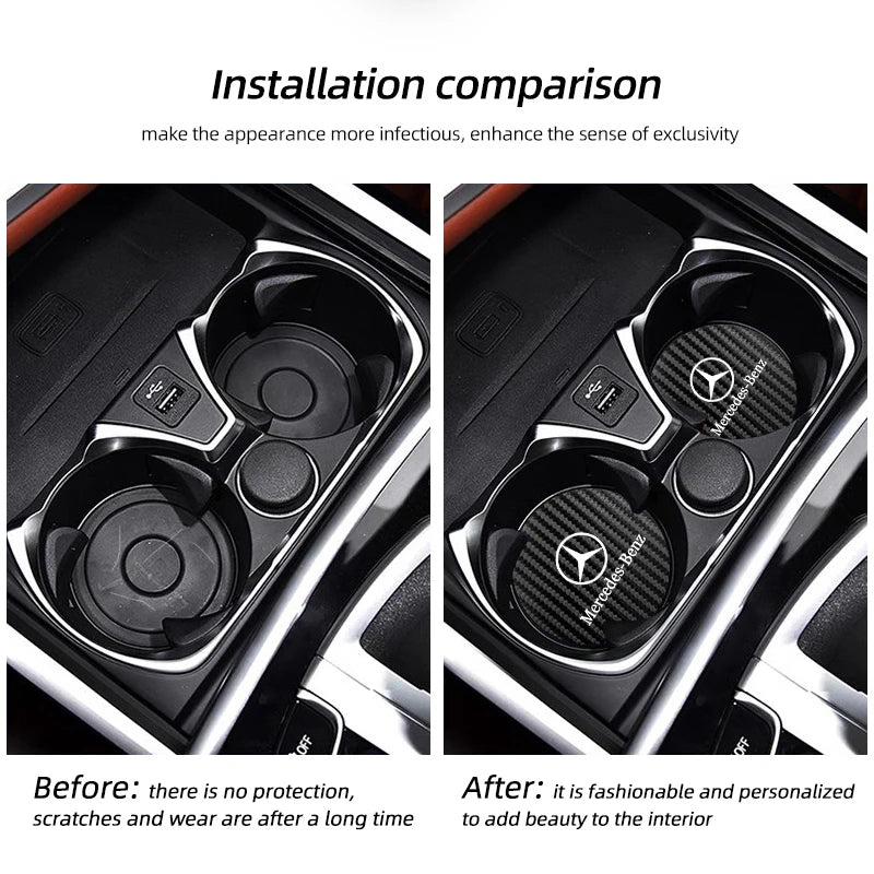 2Pcs Car Emblem Cup Trough Mat Carbon Fiber Leather Cup Pad For Mercedes Benz AMG W177 W176 X166 X167 C257 C218 X253 C118 C117