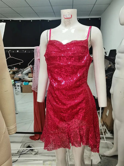 Sexy Slim Fitting Fashion Solid Color Sequin Back Cross Tie Ruffle Edge Sleeveless Suspender Irregular Hem Pleated Party Dress