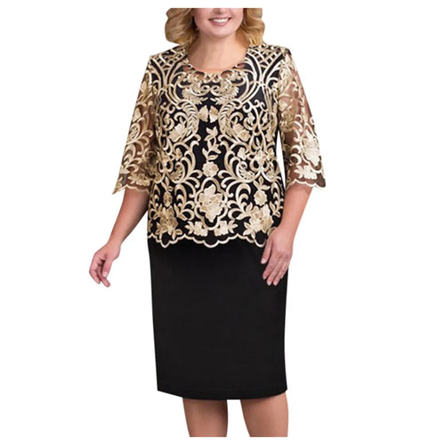 Women Elegant Formal Dress Large Size Half Sleeve Lace Patchwork Evening Party Dress Embroidery Round Neck Cocktail Dress