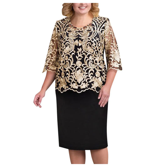 Women Elegant Formal Dress Large Size Half Sleeve Lace Patchwork Evening Party Dress Embroidery Round Neck Cocktail Dress