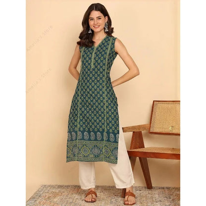Indian Ethnic Style Women's Black Green Cotton Kurta Tunic Top Sleeveless Paisley Print Summer Wear Casual Kurti Dress