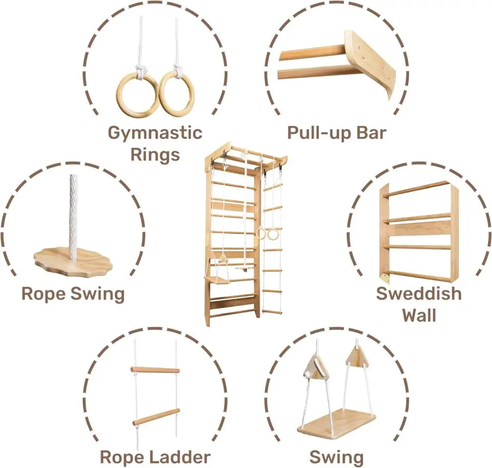 WoodVille Swedish Wall Climbing Frame - Multifunctional Kids Gym Set with Rock Wall & Rope Ladder (Ages 3-12,EN71/ASTM Certified