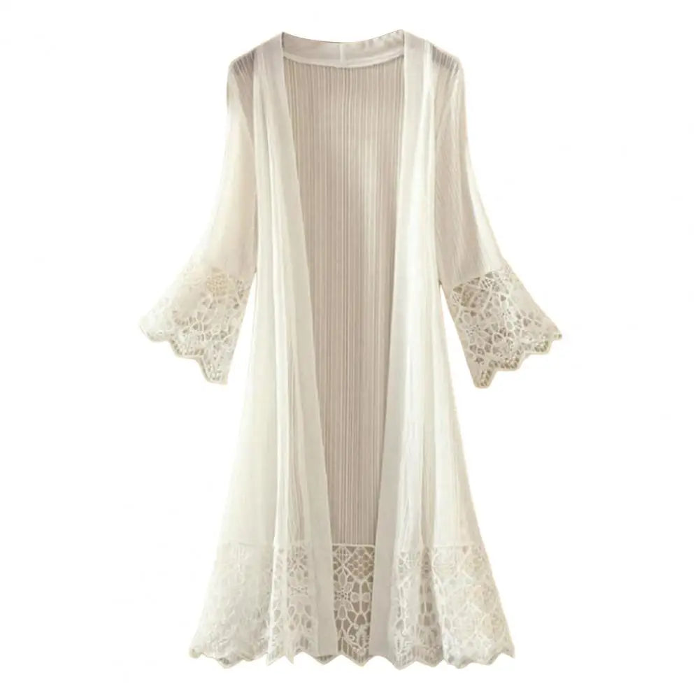 Summer Cardigan Mid Long See-through Lace Open Front Sheer Sun Protection Crochet Cardigan Beach Cover Up Streetwear