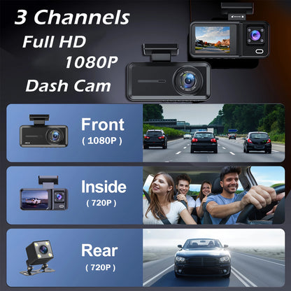Dash Cam for Cars 3 Channel Car DVR 1080P Camera Video Recorder Front and Rear Inside View Camera for Vehicle Three Way Dashcam
