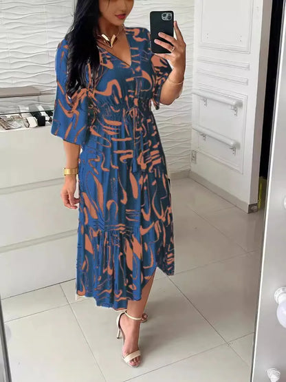 Boho Spring Summer Cotton Long Dress Printed Elegant Women Dresses Elastic Waist Vestidos Female Casual Half Sleeve A-line Dress