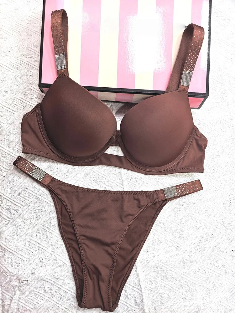 Rhinestone Sexy Women Bra Set Bralette Girls Underwear Brassiere Fashion Thong Gather Bras Lingerie Panty Sets