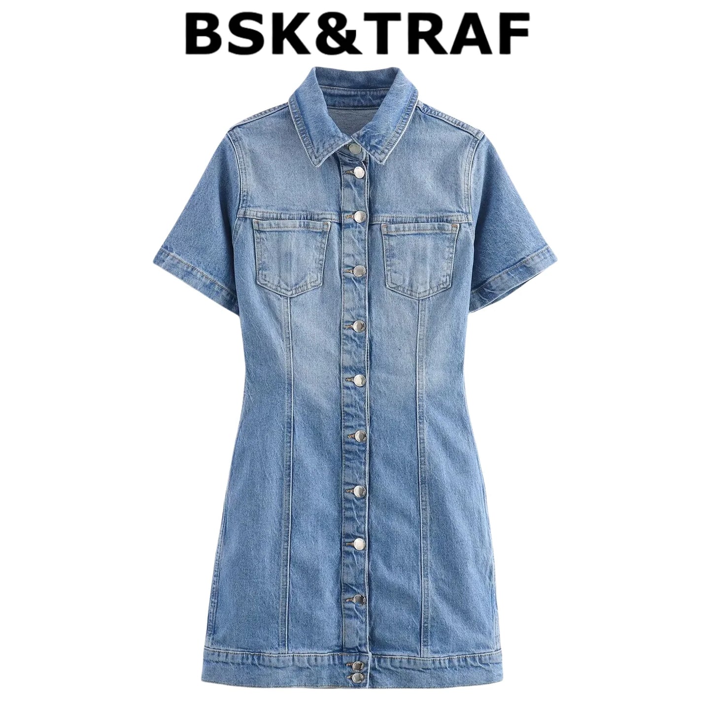 BSK&TRAF2025 Summer New Women's Temperament Slim Button-Decorated Denim Short Sleeve Mini Dress 6147/070
