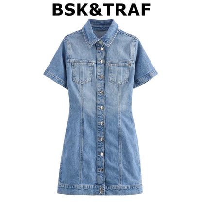 BSK&TRAF2025 Summer New Women's Temperament Slim Button-Decorated Denim Short Sleeve Mini Dress 6147/070