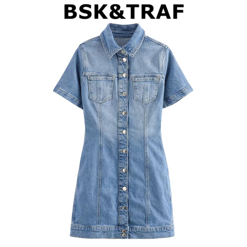 BSK&TRAF2025 Summer New Women's Temperament Slim Button-Decorated Denim Short Sleeve Mini Dress 6147/070