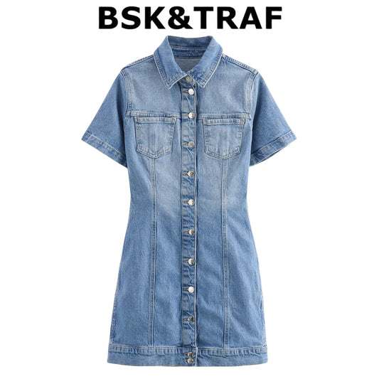BSK&TRAF2025 Summer New Women's Temperament Slim Button-Decorated Denim Short Sleeve Mini Dress 6147/070