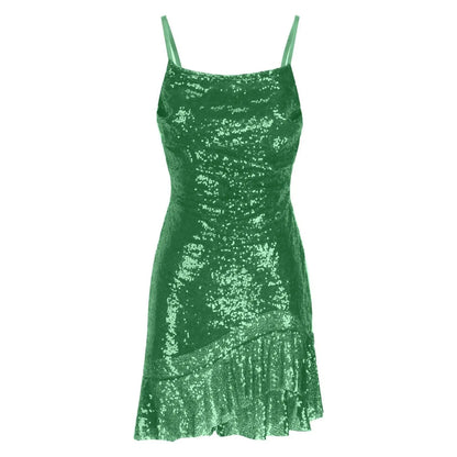 Sexy Slim Fitting Fashion Solid Color Sequin Back Cross Tie Ruffle Edge Sleeveless Suspender Irregular Hem Pleated Party Dress