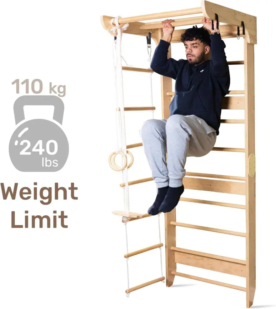 WoodVille Swedish Wall Climbing Frame - Multifunctional Kids Gym Set with Rock Wall & Rope Ladder (Ages 3-12,EN71/ASTM Certified