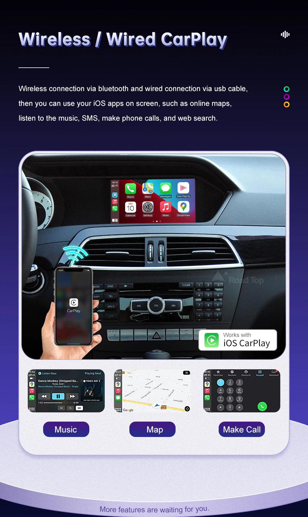 Road Top Wireless CarPlay for Mercedes Benz C Class W204 NTG4.5/4.7 2011-2014 Android Auto Mirror Link AirPlay Car Play