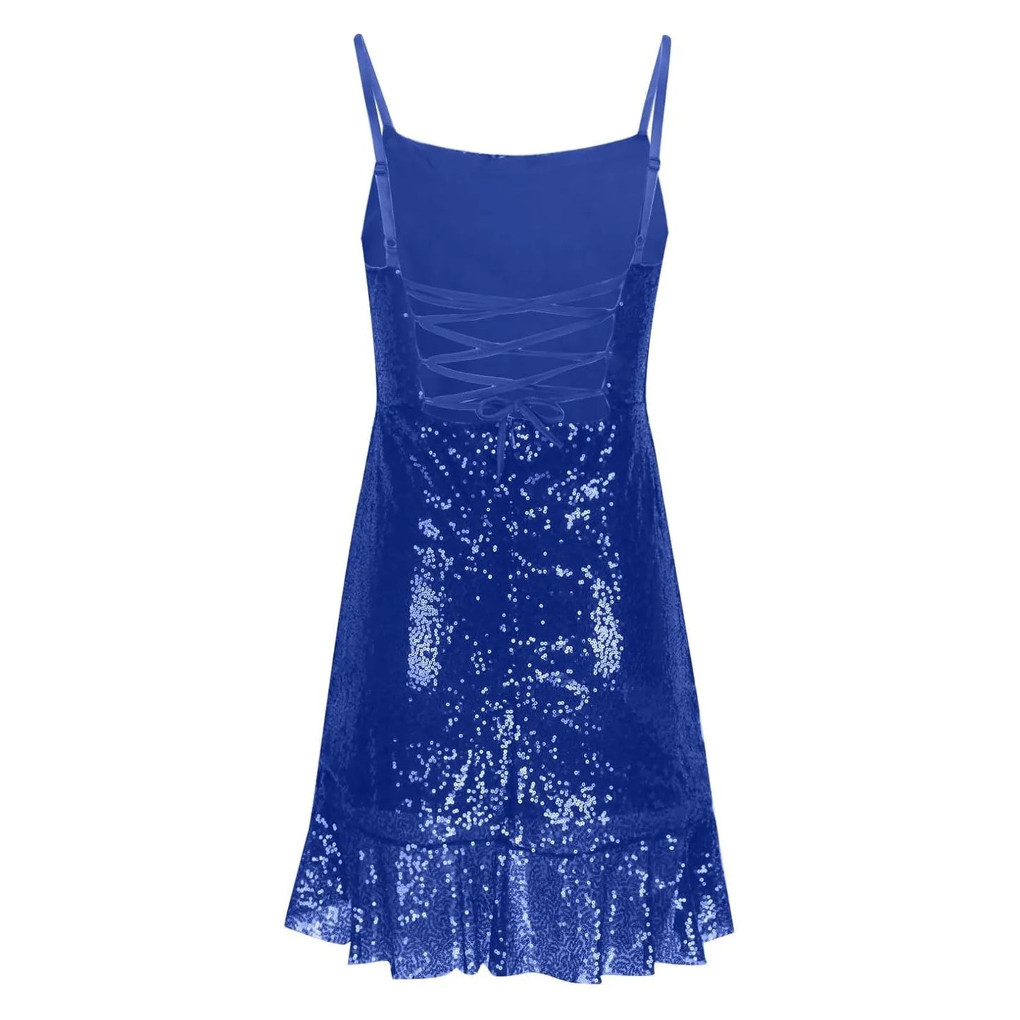 Sexy Slim Fitting Fashion Solid Color Sequin Back Cross Tie Ruffle Edge Sleeveless Suspender Irregular Hem Pleated Party Dress