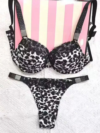 Rhinestone Sexy Women Bra Set Leopard Lace Bralette Girls Underwear Brassiere Fashion Thong Gather Bras Lingerie Panty Sets