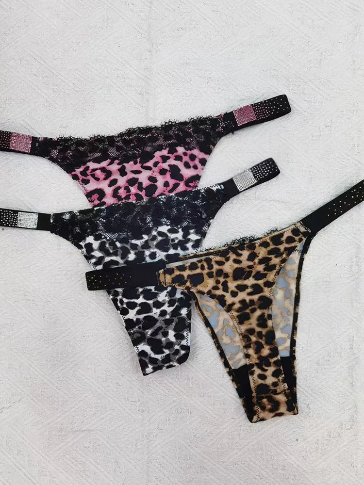 Rhinestone Sexy Women Bra Set Leopard Lace Bralette Girls Underwear Brassiere Fashion Thong Gather Bras Lingerie Panty Sets