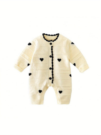Spring and Autum Korean Style New Girls' Heart Long-Sleeved Jumpsuit Newborn Single-Breasted Cover-Up Crawling Suit Jumpsuit