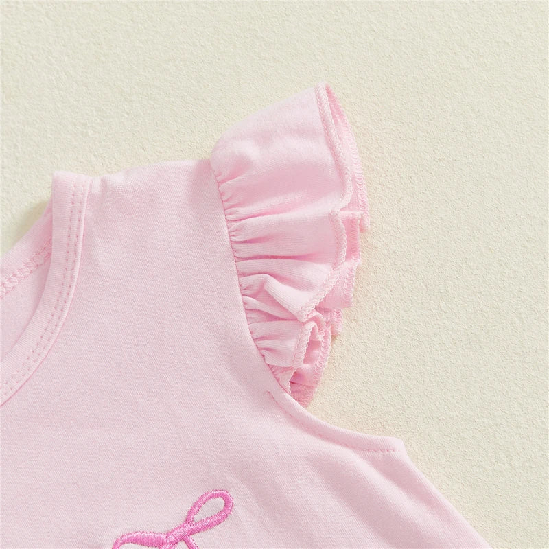 Toddler Kids Girls Clothing Sets Short Sleeve Bow Embroidery Tops Ruffle Trim Shorts Baby Clothes Children Kids Outfits