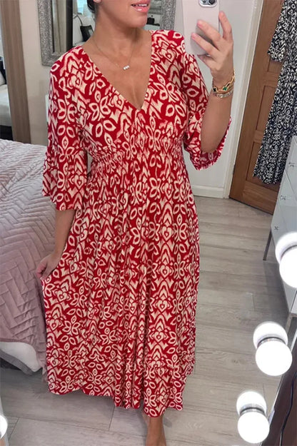 Sexy V Neck Half Sleeve Butterfly Floral Print Maxi Long Dress Summer Female Tunic Elastic Waist Loose Holiday Party Dresses