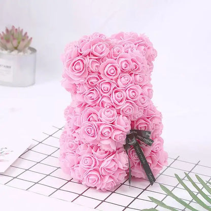 25cm Artificial Teddy Rose Flower Bear with Box Romantic Valentines Day Gift Girlfriend Women Anniversary Wedding Party Supplies