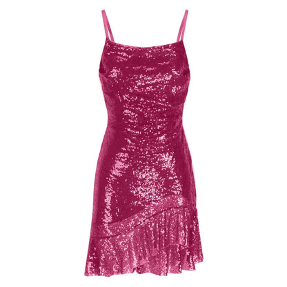 Sexy Slim Fitting Fashion Solid Color Sequin Back Cross Tie Ruffle Edge Sleeveless Suspender Irregular Hem Pleated Party Dress