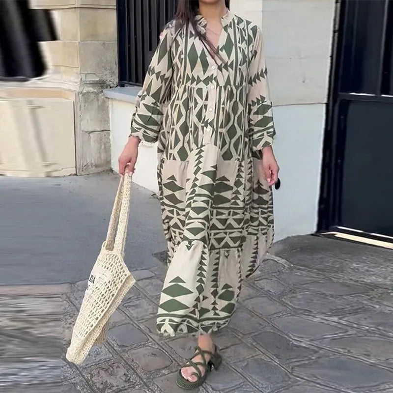 Women Print Long Sleeve Dress V-neck Long Sleeve High Waist Single Breasted Long Skirt New Holiday Loose Casual Women's Clothes