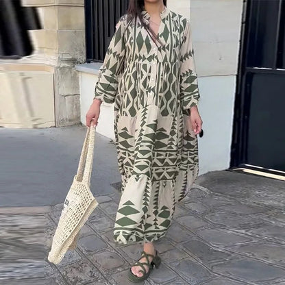 Women Print Long Sleeve Dress V-neck Long Sleeve High Waist Single Breasted Long Skirt New Holiday Loose Casual Women's Clothes